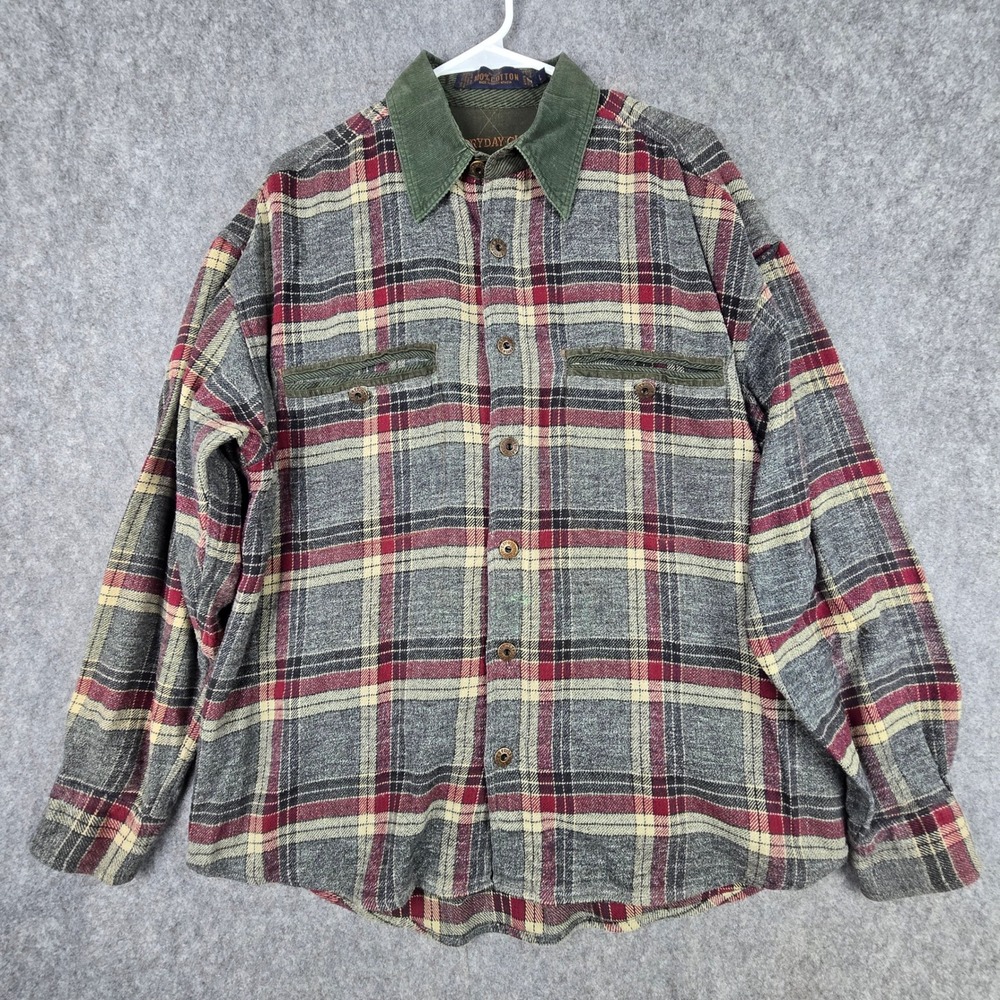 Fryday Club Plaid Shirt Mens Large Gray Red Flannel Corduroy Collar Workwear